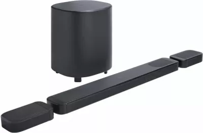 Soundbar JBL Bar 1000 MK2 7.1.4 Dolby Atmos/DTS:X 10\" subwoofer wireless 880W RMS, e zezë, set me subwoofer dhe altoparlantë të pasëm