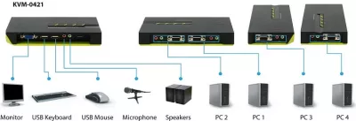 KVM switch LevelOne KVM-0421, 4 porta USB, VGA, audio, e zezë/e gjelbër