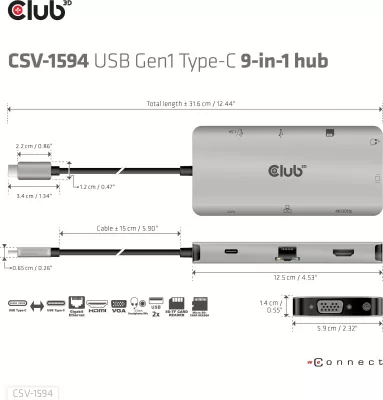 HUB USB-C Club3D 9in1, HDMI VGA 2xUSB RJ45 SD, 100W, zi/gri