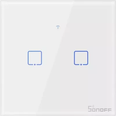 Switch muri smart SONOFF T1EU2C-TX, Wi-Fi + RF433, 2-kanal, EU, i bardhë