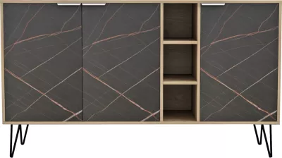 Bufe CABRON FH8874.12 melaminë në ngjyrë Sonama-mermer i zi dhe këmbë metalike të zeza 142x40x83H cm