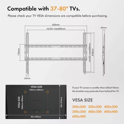 Mbajtëse muri fikse për TV, VonHaus 3005091, 37-70\", deri 35kg, VESA max 600x400, e zezë