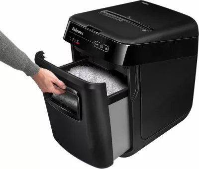 Shkatërrues dokumentesh FELLOWES AutoMax 200M, micro-cut, 200 fletë auto / 10 fletë manual, kosh 32L, DIN P-5, i zi
