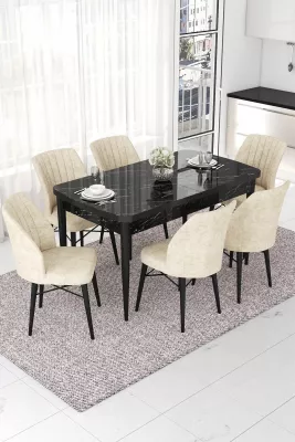 Set tavolinë me karrige për ngrënie, i zgjatshëm, ngjyrë mermeri të zi dhe krem, 7 copë, Skye Decor, Nef