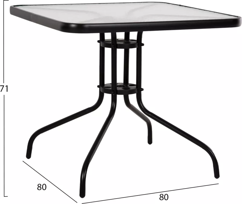 Tavolinë e jashtme katrore FIGO FH5972.03, metalike e zezë me sipërfaqe tavoline prej xhami, 80x80x71 cm