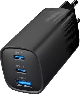 Karikues  GEMBIRD TA-UC-PDQC65-01-BK, 3-porte, 65W GaN USB, i zi