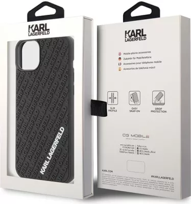 Mbështjellës Karl Lagerfeld 3D Rubber Multi Logo për iPhone 15 Plus, i zi