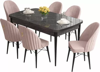 Set tavoline me karrige për ngrënie, e zgjatshme, Skye Decor, 7 copë, mermer i zi, rozë
