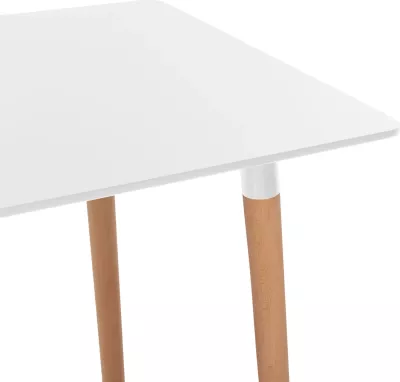 Tavolinë minimaliste për kuzhinë, MDF e bardhë, këmbë druri ahu natyral, 120x60x74cm