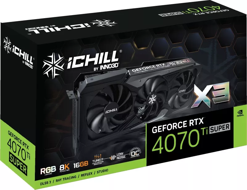 Kartelë grafike Inno3D iChill GEFORCE RTX 4070 Ti SUPER X3, 16 GB, GDDR6X, PCI Express x16 4.0, Blu, Gjelbër, Kuq