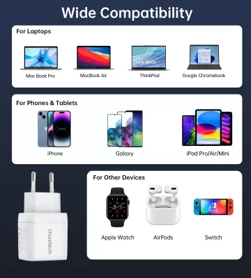 Karikues muri Choetech PD6051, 2x USB-C PD, 35W, me ekran, i bardhë