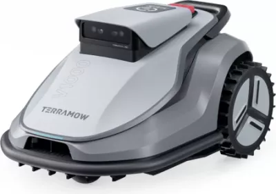 Robot kositës bari TERRAMOW V1000, 1200 m², AI TerraVision 2.0 (3 kamera), Wi‑Fi/4G, IPX6, gri, set me stacion karikimi