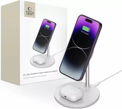 Karikues induktiv 2-në-1 Tech-Protect QI15W-A21 me MagSafe, 15W, për smartphone dhe kufje, Bardhë