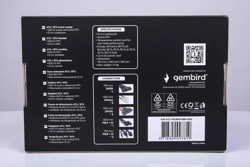 Kasë furnizimi Gembird CCC-PSU80P-BBP-600, 600 W, 80 PLUS Bronze, e zezë