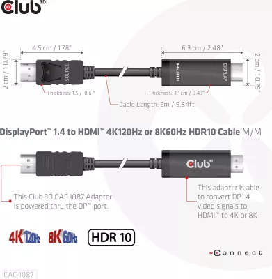 Kabllo DisplayPort në HDMI Club3D 3m, HDR10, 8K, e zezë