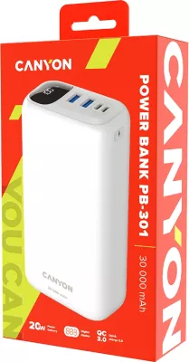 Power bank CANYON PB-301 30000 mAh, PD 20W, QC 3.0, LED ekran, i bardhë