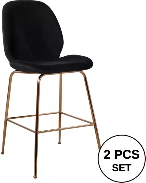 Karrige për bar Nora, kadife e zezë & kornizë metalike e artë, FH8524.04, 48x61x103 cm, set prej 2 copë