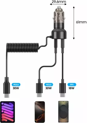 Karikues veture Tech-Protect CC05, 2 porta, 60W, me kabllo USB-C, Zi