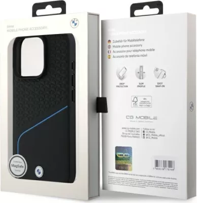 Mbështjellës BMW Sign Leather Textured And Line MagSafe për iPhone 16 Pro Max, i zi
