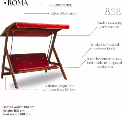 Karrige lëkundëse treshe për kopsht, ngjyrë e kuqe, Skye Decor Roma 2003