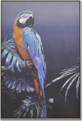Pikturë dekorative me papagall blu, kanavacë, shumëngjyrëshe, 82x122x5cm, dru