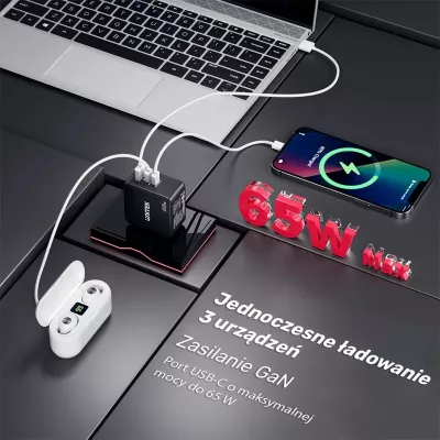 Karikues rrjeti Unitek P1117B GaN PD 65W 1x USB-A + 2x USB-C, 3.25A, i zi, set me adaptera EU/UK