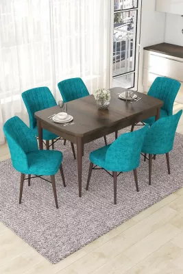 Set tavoline me karrige për ngrënie, zgjatës, 7 copë, Skye Decor, ngjyrë barok dhe tyrkiz